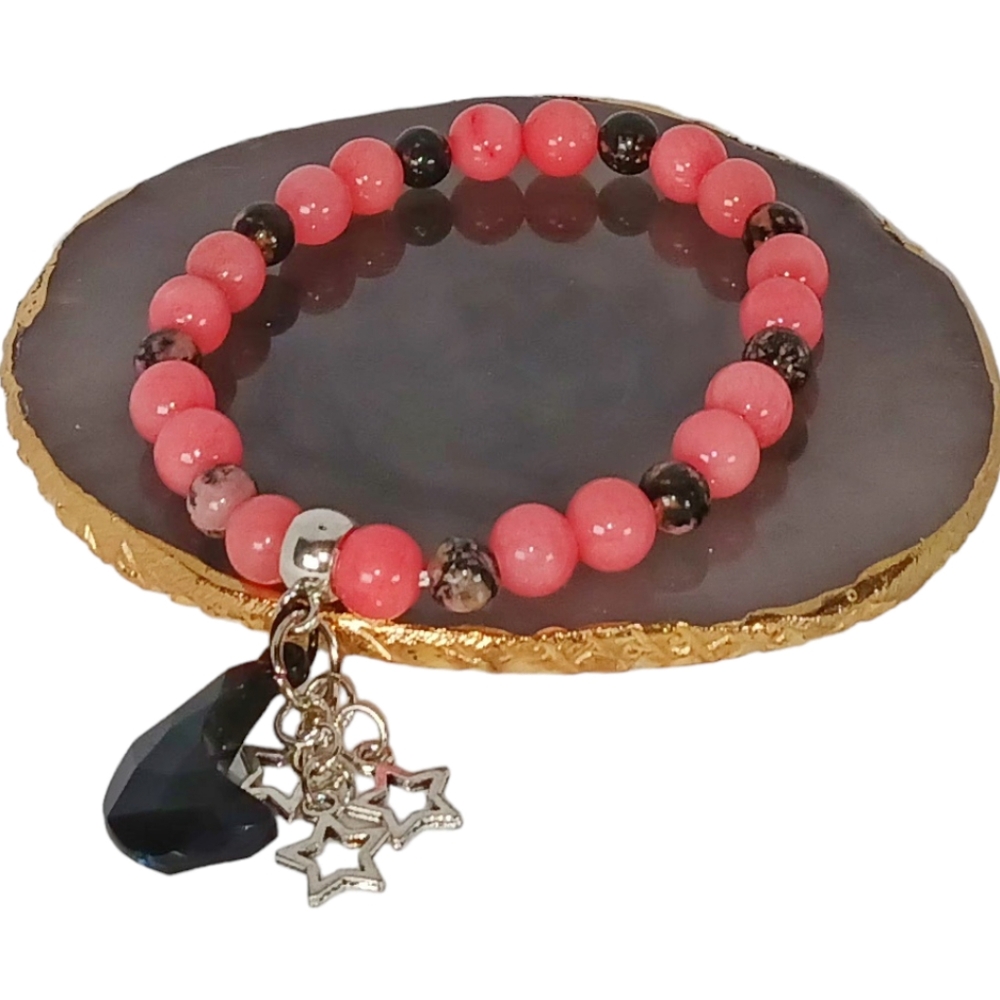 Pink & Black Lace Rhodonite Bracelet with Moon & Stars Charms Y2K Space Galaxy